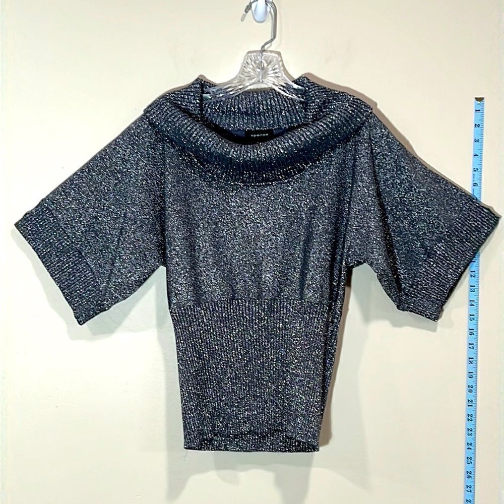 Silver Shiny Metallic Cowl Neck 3/4 Sleeve Top By Spense. Size Medium.